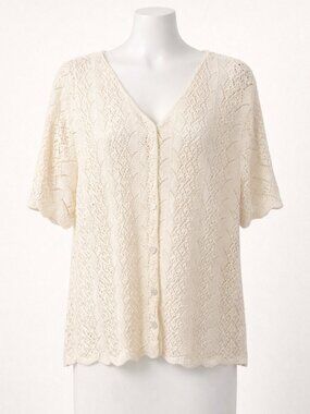 A Sweater Tale Cream Crochet Button Down Sweater XL Cotton V-Neck